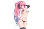  1girl bikini blue_eyes breasts cleavage dev elbow_gloves female gloves long_hair megurine_luka navel pink_hair ponytail solo swimsuit tattoo thighhighs vocaloid 