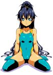  antenna_hair aqua_eyes arms_at_sides black_hair blue_eyes competition_swimsuit expressionless full_body ganaha_hibiki high_ponytail idolmaster idolmaster_(classic) long_hair looking_at_viewer one-piece_swimsuit ponytail simple_background sitting solo swimsuit thighhighs tommy_region very_long_hair wariza white_background 