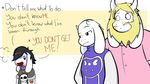  asgore_dreemurr asriel_dreemurr azenzeph beard black_hair blonde_hair caprine clothing collar comic dialogue facial_hair hair horn jewelry long_ears mammal necklace red_eyes robe shirt skull spiked_collar spikes t-shirt tattoo toriel undertale video_games 