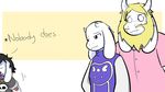  asgore_dreemurr asriel_dreemurr azenzeph beard black_hair blonde_hair caprine clothing collar comic dialogue facial_hair hair horn jewelry long_ears mammal necklace robe shirt skull spiked_collar spikes t-shirt tattoo toriel undertale video_games 