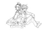 1girl artist_name brother_and_sister choker commentary_request corset cravat dated dress flat_chest flower frilled_dress frills greyscale grin hair_flower hair_ornament hair_ribbon holding_hands ichi_ka interlocked_fingers kagamine_len kagamine_rin kneeling monochrome ribbon ribbon_choker rose shoes short_hair siblings signature sitting smile twins vest vocaloid 