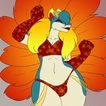  2016 anthro anthrofied armwear blue_fur blue_hair clothed clothing crop_top eyes_closed fan_character feathers fur girly grey_background hair male navel nintendo pok&eacute;mon pok&eacute;morph quilava red_feathers red_lips shirt simple_background skimpy smile solo thong video_games white_fur wide_hips xehta13 yellow_fur 