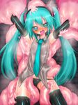  1girl blue_hair blush female hatsune_miku kyuusui_gakari long_gloves monster necktie open_mouth panties symbol-shaped_pupils tentacle thighhighs twintails vocaloid wet 