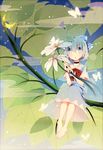  absurdres barefoot blue_dress blue_eyes blue_hair blurry bug butterfly choker cirno dress fairy_wings flower full_body gradient gradient_background hair_ribbon highres insect kimey leaf looking_at_viewer open_mouth ribbon short_hair short_sleeves sitting solo touhou wings 