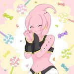  candy clothed clothing cute dragon_ball dragon_ball_z ear_piercing epe-tohri eyes_closed female food happy humanoid jewelry majin majin_lamp navel not_furry piercing pink_skin smile solo 