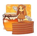  artist_name blush bow brown_bow brown_dress brown_eyes brown_footwear brown_hair brown_hairband brown_legwear cake chibi closed_mouth dav-19 dress food fork fur-trimmed_dress hair_bow hairband holding holding_fork honey honeycomb_(pattern) jar lace_background long_hair looking_away looking_to_the_side original pantyhose personification short_sleeves slice_of_cake smile solo standing striped striped_bow striped_hairband striped_legwear transparent_background very_long_hair watermark web_address 