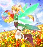  2mota blonde_hair boots bouquet brown_footwear flower green_eyes hair_ribbon highres holding knee_boots leafa long_hair looking_at_viewer one_eye_closed open_mouth outdoors pointy_ears ponytail ribbon see-through shorts solo sword_art_online thighhighs white_legwear white_ribbon white_shorts wings 
