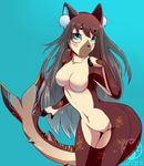  2016 anthro black_nose blue_background blue_hair blue_skin breasts brown_hair brown_skin english_text featureless_breasts featureless_crotch feline female fin fish hair hybrid inner_ear_fluff long_hair lunarii mammal marine multicolored_hair multicolored_skin navel nude open_mouth pose shark simple_background solo stripes text two_tone_hair watermark wide_hips yellow_skin 