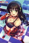 absurdres black_hair breasts checkered checkered_floor cleavage collarbone detached_sleeves fingerless_gloves gloves highres huge_filesize kotegawa_yui large_breasts long_hair looking_at_viewer midriff navel open_mouth red_gloves red_skirt skirt solo to_love-ru to_love-ru_darkness yellow_eyes 