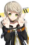  1oo06 closers double_v green_eyes grey_hair male_focus mistilteinn_(closers) open_mouth smile solo v 