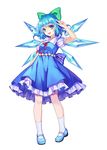  blue_dress blue_eyes blue_hair cirno dress frilled_dress frills full_body hair_ribbon ice ice_wings kneehighs looking_at_viewer mary_janes mirror_(xilu4) open_mouth puffy_sleeves ribbon shoes short_hair short_sleeves simple_background smile solo tachi-e touhou v white_background white_legwear wings 