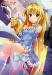  absurdres blonde_hair blue_dress blue_ribbon collarbone copyright_name dress hair_ornament highres holding huge_filesize konjiki_no_yami long_hair mirror red_eyes ribbon sitting solo strapless strapless_dress to_love-ru to_love-ru_darkness yabuki_kentarou 