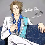 2015 alternate_costume brown_hair couch crossed_legs facial_hair formal goatee grey_background grey_neckwear heart hoshimaru_daichi idolmaster idolmaster_side-m looking_to_the_side male_focus mustache necktie parted_lips solo suit twitter_username white_day yamashita_jirou 