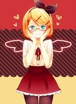  bad_id bad_pixiv_id blonde_hair glasses hands_on_own_face heart kagamine_rin looking_at_viewer nokuhashi pantyhose short_hair skirt smile solo vocaloid 