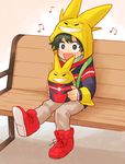  all_might bad_id bad_pixiv_id beamed_eighth_notes bench black_hair boku_no_hero_academia character_hood cup eighth_note freckles hood hoodie male_focus midoriya_izuku musical_note shoes sitting smile sneakers solo yoshitaro_(almendra) younger 