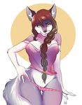  anthro areola breasts canine clothed clothing female happylittlecloud looking_at_viewer mammal nipple_bulge nipples panties simple_background smile solo standing teasing underwear 