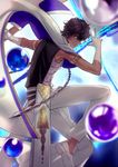  arjuna_(fate/grand_order) armlet black_hair blue_background cape dark_skin dark_skinned_male elbow_gloves fate/grand_order fate_(series) gloves leg_up looking_at_viewer male_focus orb pants sleeveless solo sunday31 white_gloves white_pants 