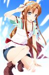  2mota alternate_eye_color asuna_(sao) black_eyes black_skirt brown_hair collarbone holding holding_weapon knife long_hair looking_at_viewer one_knee open_mouth skirt solo sword_art_online weapon 