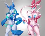  &lt;3 anthro big_breasts bikini blush breasts cladz clothing duo eeveelution female glaceon half-closed_eyes hi_res huge_breasts looking_at_viewer mostly_nude navel nintendo nipple_bulge open_mouth panties pok&eacute;mon simple_background smile standing swimsuit sylveon thick_thighs tongue underwear video_games wide_hips wouhlven xaenyth 