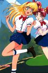  2girls :d :p aki_natsuko aki_natsuko_(cutie_honey_flash) blonde_hair cutie_honey cutie_honey_flash earrings female friends hairband jewelry kisaragi_honey kisaragi_honey_(cutie_honey_flash) long_hair multiple_girls official_art open_mouth red_eyes red_hair school_uniform smile tagme tongue twintails 