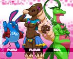  2016 ambiguous_gender anthro anthrofied azumarill black_sclera blue_fur breasts brown_fur clothing cream_fur crossed_arms english_text featureless_breasts featureless_crotch female fidchellvore fleur_(fidchellvore) fur green_scales group grovyle lagomorph leaves loincloth lopunny mammal navel nintendo nude open_mouth orange_eyes pink_background pok&eacute;mon pok&eacute;morph purple_eyes puru_(fidchellvore) red_scales reptile scales scalie signature simple_background smile sol_(fidchellvore) sparkles teeth text tongue vest video_games vines white_background 