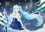  1girl bare_shoulders blue_eyes blue_hair blue_skirt blurry breasts brooch cowboy_shot crystal depth_of_field detached_collar detached_sleeves dress hair_ribbon hatsune_miku holding holding_staff jewelry juliet_sleeves layered_skirt long_hair long_sleeves looking_at_viewer musical_note_hair_ornament necklace negai_(48282230) night open_mouth outdoors parted_lips puffy_sleeves ribbon sapphire_(stone) skirt skirt_hold small_breasts snowing staff strapless strapless_dress tiara tree two_side_up underbust very_long_hair vocaloid yuki_miku 