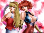  2girls :d arm armband art bare_arms bare_shoulders blonde_hair blue_eyes breasts choker cleavage cleavage_cutout crossed_arms cutie_honey cutie_honey_(character) dual_persona earrings female gloves hairband heart heart_choker highres jewelry kisaragi_honey large_breasts lips lipstick long_hair looking_at_viewer looking_back magical_girl makeup multiple_girls open_mouth purple_eyes red_hair round_teeth short_hair sleeveless smile toten_(artist) upper_body yellow_gloves 