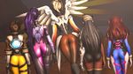  3d 5girls angel ass back bent_over black_hair blonde_hair bodysuit brown_hair d.va_(overwatch) dark_skin from_behind gun helmet long_hair mercy_(overwatch) multiple_girls overwatch ponytail purple_hair purple_skin short_hair spandex symmetra_(overwatch) tan_skin tanned tattoo tracer_(overwatch) vest weapon widowmaker_(overwatch) wings 