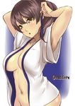  absurdres adjusting_hair armpit_peek arms_behind_head bottomless breasts brown_hair from_side hair_between_eyes highres japanese_clothes kaga_(kantai_collection) kantai_collection light_brown_eyes looking_at_viewer medium_breasts no_bra nukkoru open_clothes open_mouth short_hair short_ponytail side_ponytail solo 