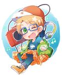  ;) baseball_cap blonde_hair blue-framed_eyewear chibi ensemble_stars! full_body glasses green_eyes hat headphones jukebox juugonichi_(wheeliex2) male_focus one_eye_closed smile solo yuuki_makoto_(ensemble_stars!) 