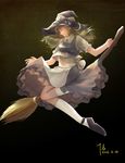  2016 absurdres apron blonde_hair braid broom broom_riding closed_eyes dated diandianzai facing_away folded_leg gradient gradient_background hat hat_ribbon highres kirisame_marisa kneehighs light_smile long_hair profile ribbon short_sleeves sidesaddle signature single_braid skirt skirt_set solo touhou waist_apron white_legwear witch_hat 