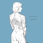  1boy androgynous ass back blue_background bodysuit closed_mouth cowboy_shot elbow_pads flat_color from_behind lineart looking_away male_focus metal_gear_(series) metal_gear_solid_2 monochrome moroto raiden simple_background solo turtleneck 