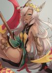  animal_ears arm_support backless_outfit black_gloves breasts cat_ears dark_skin erune eyebrows eyebrows_visible_through_hair gloves granblue_fantasy green_eyes grey_hair hair_ornament hair_over_one_eye long_hair looking_at_viewer nemone opanchu_(hakusen) open_mouth sarong sideboob simple_background sitting small_breasts solo thighs 