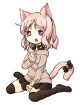  1girl animal_ears animal_tail artist_request black_legwear black_skirt cat_ears cat_tail chibi diabolik_lovers full_body legwear looking_at_viewer miniskirt on_floor open_mouth pink_eyes pleated_skirt simple_background sitting skirt tail tears thighhighs wariza white_background 