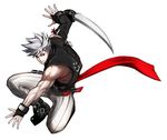 absurdres arm_blade chipp_zanuff early_type full_body grin guilty_gear guilty_gear_xrd highres male_focus muscle ninja red_eyes smile solo weapon white_background white_hair 