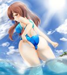  1girl ass breasts cameltoe clouds female idolmaster idolmaster_cinderella_girls kurogosho long_hair looking_at_viewer looking_back nitta_minami one-piece_swimsuit outdoors shiny shiny_clothes shiny_hair shiny_skin sky solo swimsuit water 