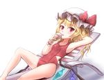  alternate_color_school_swimsuit alternate_costume arm_behind_head armpits bare_legs bare_shoulders beach_chair blonde_hair breasts chair collarbone flandre_scarlet food hair_between_eyes hat ice_cream knee_up looking_at_viewer lounge_chair lying minust mob_cap on_back one-piece_swimsuit reclining red_eyes red_swimsuit school_swimsuit side_ponytail simple_background small_breasts solo swimsuit thighs touhou wavy_hair 