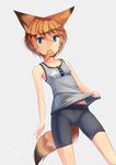  aburaage animal_ears artist_name bike_shorts clothes_grab commentary_request dreadtie fang flat_chest food food_in_mouth fox_ears fox_tail green_eyes grey_background highres looking_at_viewer orange_hair original short_hair simple_background solo tail tank_top 