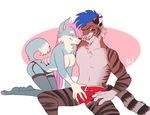  anthro areola breasts bulge canine clothed clothing duo ear_piercing facial_piercing feline female garter grope half-closed_eyes happylittlecloud inner_ear_fluff lingerie lip_piercing male male/female mammal nipples nose_piercing piercing simple_background smile tiger topless underwear 