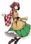  apron bad_id bad_pixiv_id bell blush boots checkered checkered_clothing hair_bell hair_ornament highres koretsuki_azuma motoori_kosuzu open_mouth red_eyes red_hair solo touhou transparent_background two_side_up 