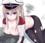  black_legwear blonde_hair blue_eyes blush breasts graf_zeppelin_(kantai_collection) hat highres kantai_collection kinryuu large_breasts long_hair looking_at_viewer pale_skin pantyhose solo torn_clothes torn_legwear twintails 