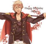 akademeia_uniform belt blonde_hair blue_eyes cape character_name final_fantasy final_fantasy_type-0 happy_birthday kino_(o2ban0) looking_at_viewer male_focus nine_(fft-0) pants polearm scar school_uniform simple_background smile solo spear weapon white_background white_pants 