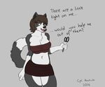  2016 anthro bare_shoulders bedroom_eyes big_breasts black_fur breasts brown_eyes brown_hair canine chest_tuft cleavage clothed clothing corporalbackrubs dialogue digital_media_(artwork) dipstick_tail dog female fur hair half-closed_eyes hi_res karelian_bear looking_at_viewer mammal miniskirt multicolored_fur multicolored_tail navel open_mouth scissors seductive short_hair simple_background skimpy skirt solo thick_thighs tight_clothing tube_top tuft two_tone_fur white_fur wide_hips 