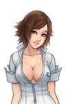  breasts brown_eyes brown_hair cleavage collarbone kazama_asuka large_breasts lips looking_at_viewer monorus no_bra short_hair sleeves_pushed_up solo tekken tekken_7 upper_body 