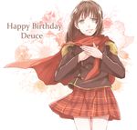  akademeia_uniform bangs brown_hair cape character_name deuce_(fft-0) final_fantasy final_fantasy_type-0 flower green_eyes happy_birthday kino_(o2ban0) long_hair miniskirt plaid plaid_skirt pleated_skirt school_uniform simple_background skirt solo teeth white_background 