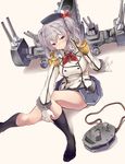  afukuro beret black_legwear blush epaulettes gloves hat highres kantai_collection kashima_(kantai_collection) kneehighs long_sleeves looking_at_viewer military military_uniform silver_hair simple_background sitting skirt smile solo twintails uniform white_gloves 