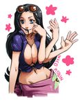  bad_deviantart_id bad_id black_hair blue_eyes breasts cleavage extra_arms eyewear_on_head hair_in_mouth large_breasts midriff navel nico_robin no_bra one_piece sarong smile solo sunglasses waving whistle_frog 