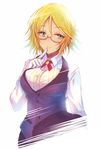  bespectacled blonde_hair glasses green_eyes idolmaster idolmaster_cinderella_girls kara_(color) short_hair simple_background smile solo umeki_otoha 