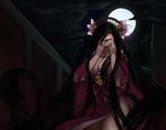  absurdly_long_hair backlighting bare_shoulders black_eyes black_hair breasts cleavage crossed_legs full_moon hair_censor hair_ornament hands_on_own_face japanese_clothes kejourou kejourou_(monster_girl_encyclopedia) kimono large_breasts less lips long_hair monster_girl monster_girl_encyclopedia moon pale_skin red_eyes solo very_long_hair yandere 