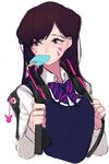  backpack bag black_sweater bow bowtie brown_hair charm_(object) collared_shirt d.va_(overwatch) facepaint facial_mark food food_in_mouth headphones headphones_around_neck ice_cream long_hair long_sleeves mouth_hold mwo_imma_hwag overwatch popsicle protected_link purple_bow purple_neckwear ribbed_sweater school_bag school_uniform shirt simple_background solo striped striped_bow striped_neckwear sweater upper_body whisker_markings white_background white_shirt 